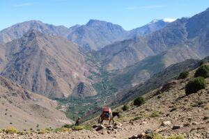 Village berbère au Maroc, maisons en pisé accrochées au Haut Atlas